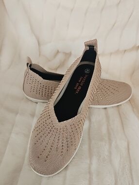 bernie mev. Knit Slip-On Flats in Beige with Subtle Metallic Accents